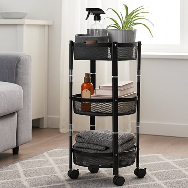 3-Layer Round Metal Mesh Utility Storage Trolley with Wheels - Image 3