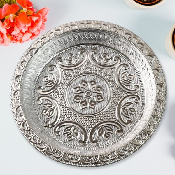 Traditional Silver Finish Plastic Pooja Thali (1 Pc) - Image 6