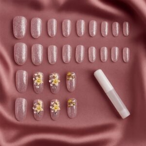 Premium Glitter 3D Floral Press-On Artificial Nail Tips with Nail Glue (1 Set)