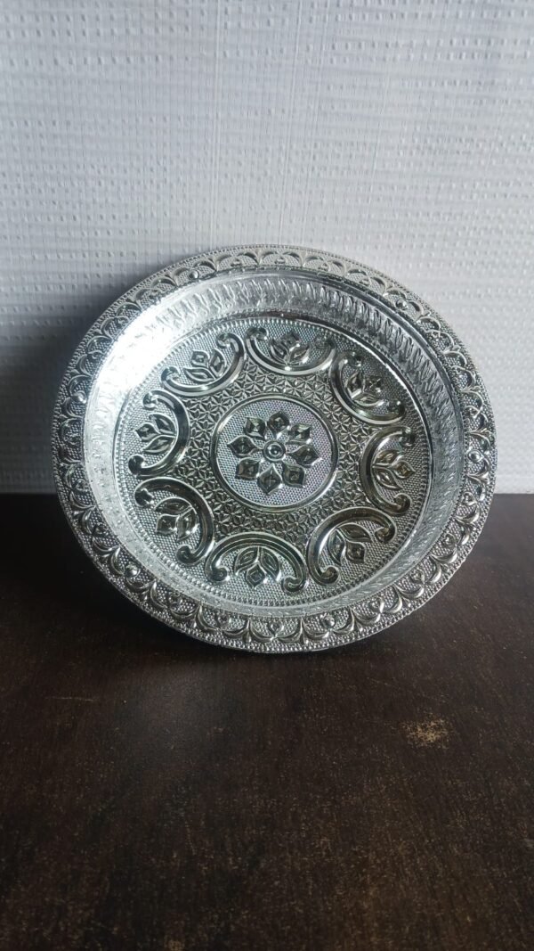Traditional Silver Finish Plastic Pooja Thali (1 Pc) - Image 7