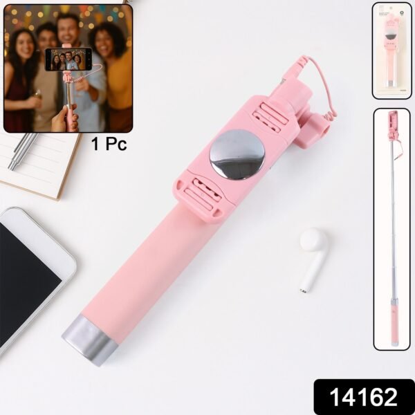 Wired Selfie Stick with Rearview Mirror & Built-In Shutter Button (1 Pc) - Image 2